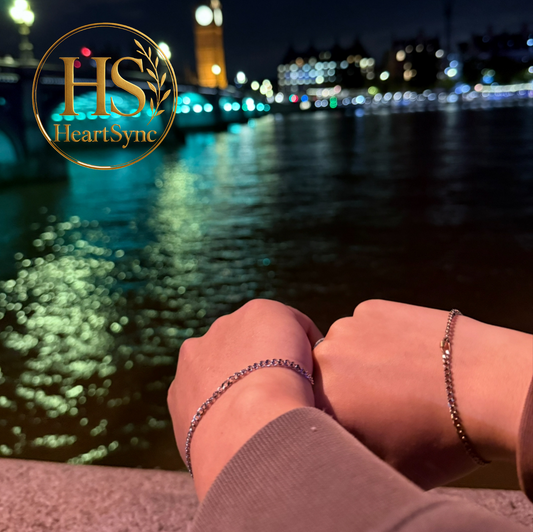 Heartsync permanent bracelet showcase: Two wrists linked, symbolizing lasting bonds in front of a London cityscape.