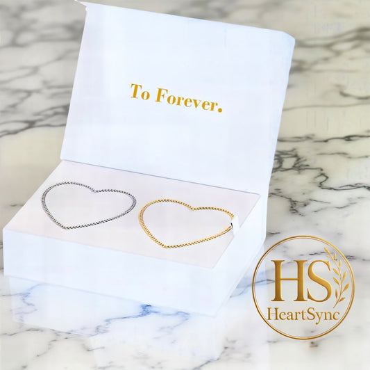 Heartsync Permanent Bracelet gift box featuring two heart-shaped bracelets (gold & silver) with "To Forever." inscription.